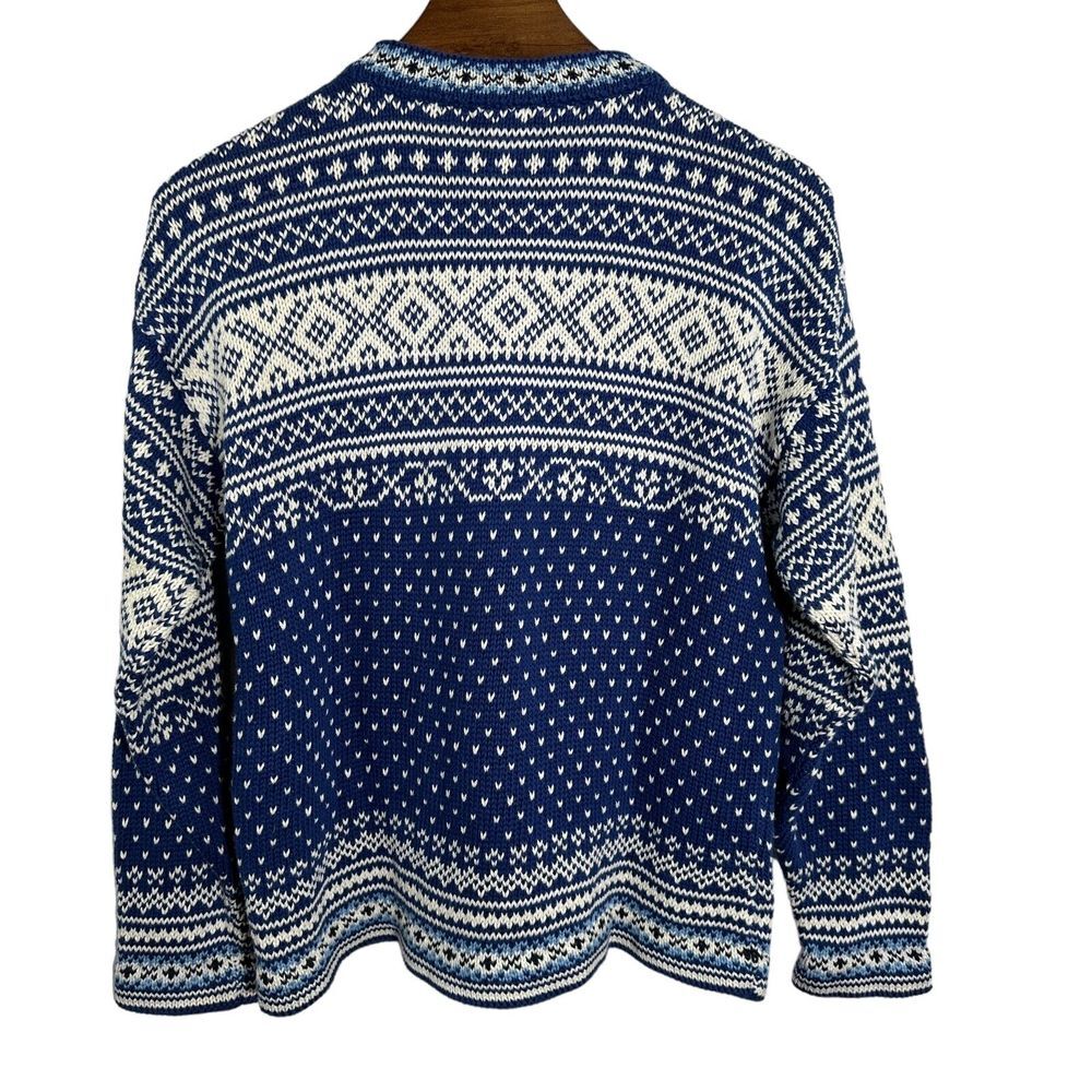 LL Bean Women's Blue White Fair Isle Cotton Crewneck 3 Button Sweater Medium - Picture 2 of 13
